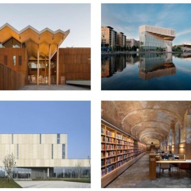 Genomineerde bibliotheken naast Forum Groningen met de klok mee staan in: Australië, Noorwegen, België en China.