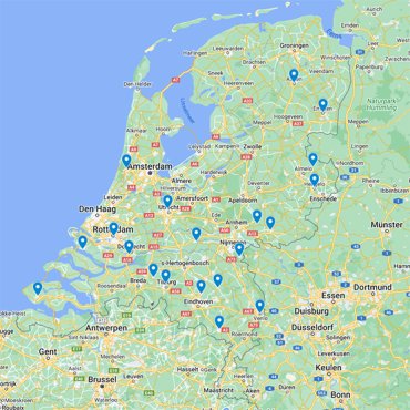 Kaart van Nederland met 18 bibliotheeklocaties