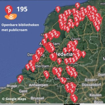 Overzichtskaart van Nederland met alle bij Publicroam aangesloten bibliotheken.